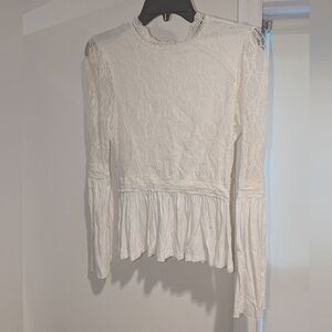 American Rag lace high neck long sleeve blouse size small in beige